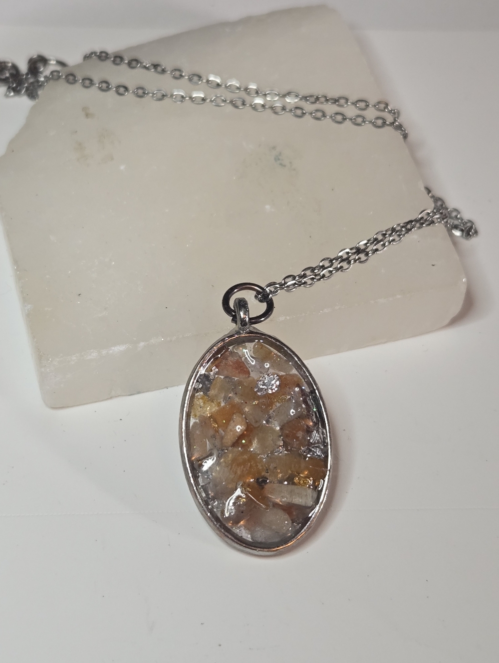 Sunstone Chip In Resin Pendant Necklace Silver Tone